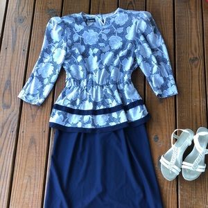 Vintage Jenny Double Peplum Navy and Floral Puffed sleeve Dress-10